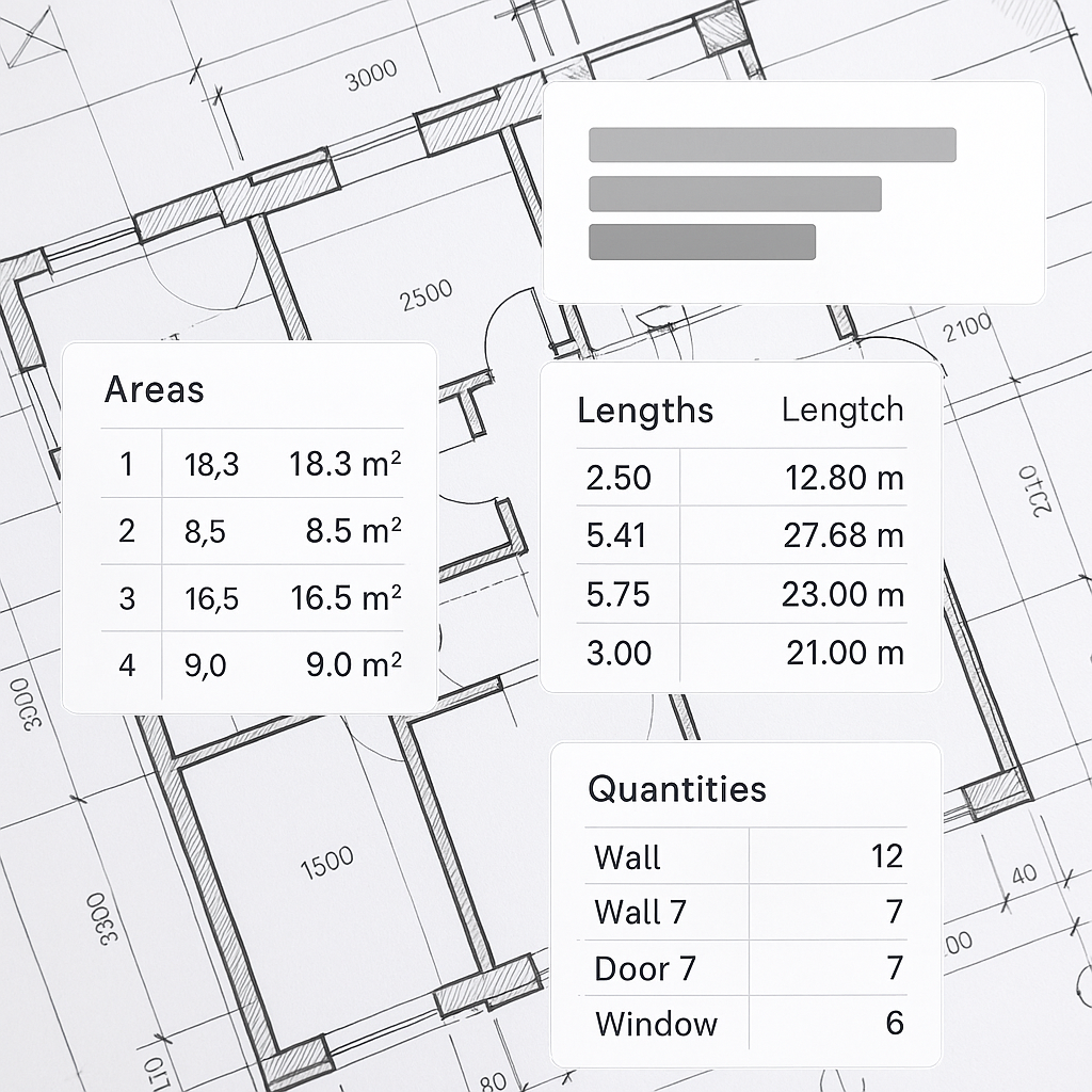 An architectural drawing overlaid with AI-generated BOQ data, showing areas, lengths, and quantities extracted from the...