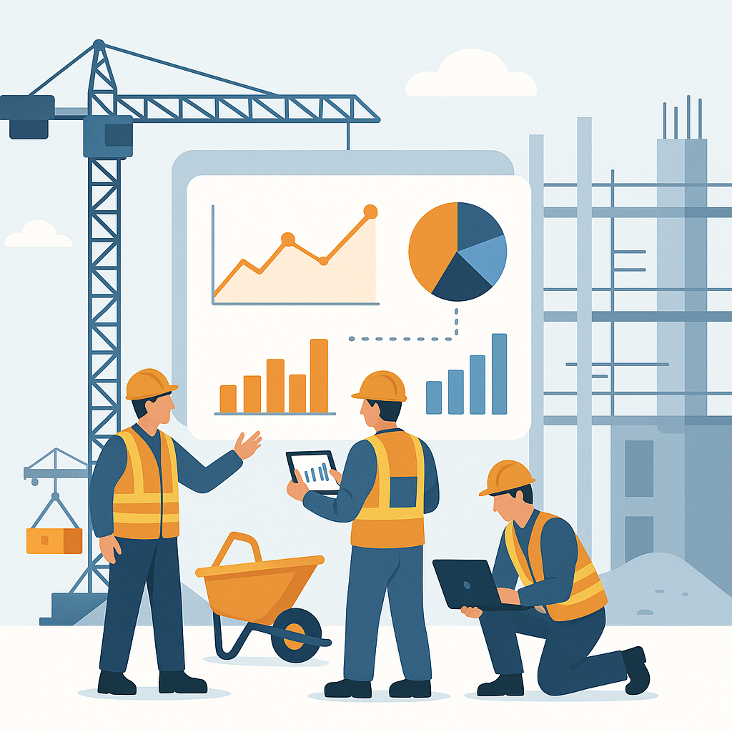 An illustration of a construction site with workers and digital tools, showing data analytics on a floating dashboard, s...