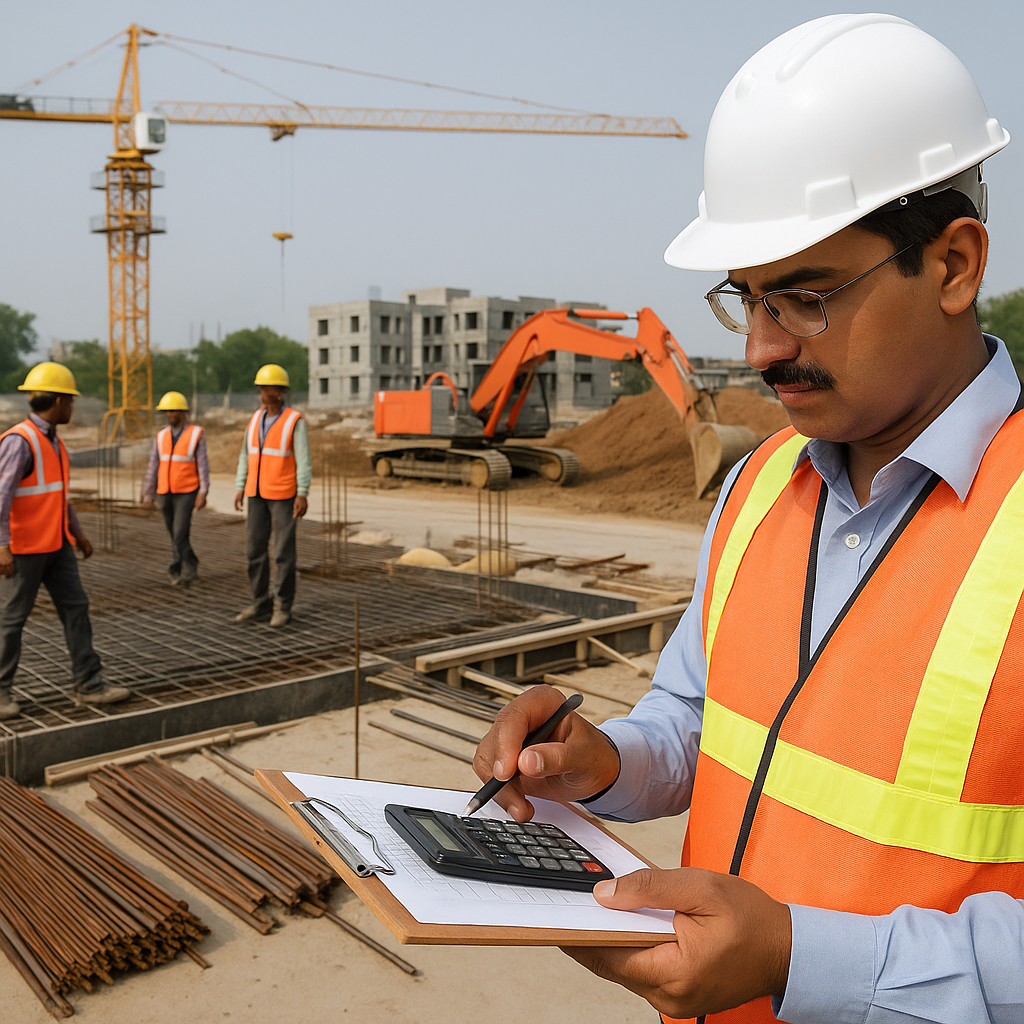 An Indian construction site with workers, machinery, and materials being measured and calculated on a clipboard, symboli...