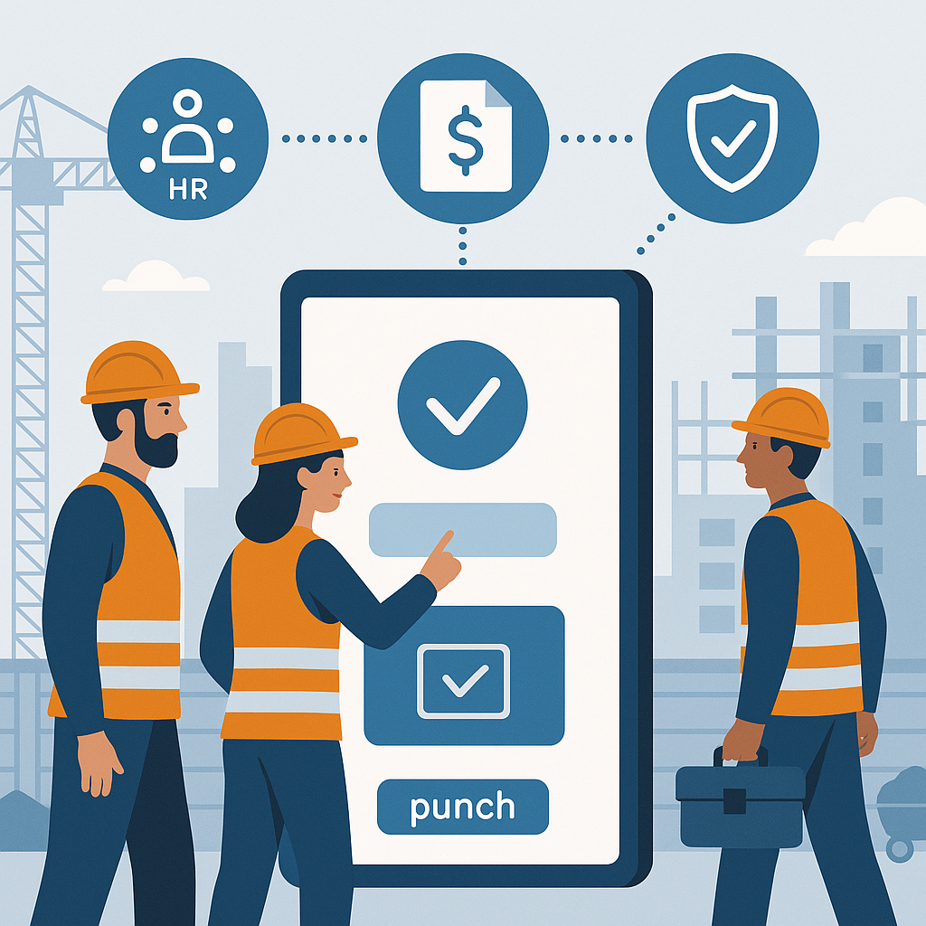 An illustration of a construction site with workers clocking in digitally using a tablet, overlaid with icons representi...