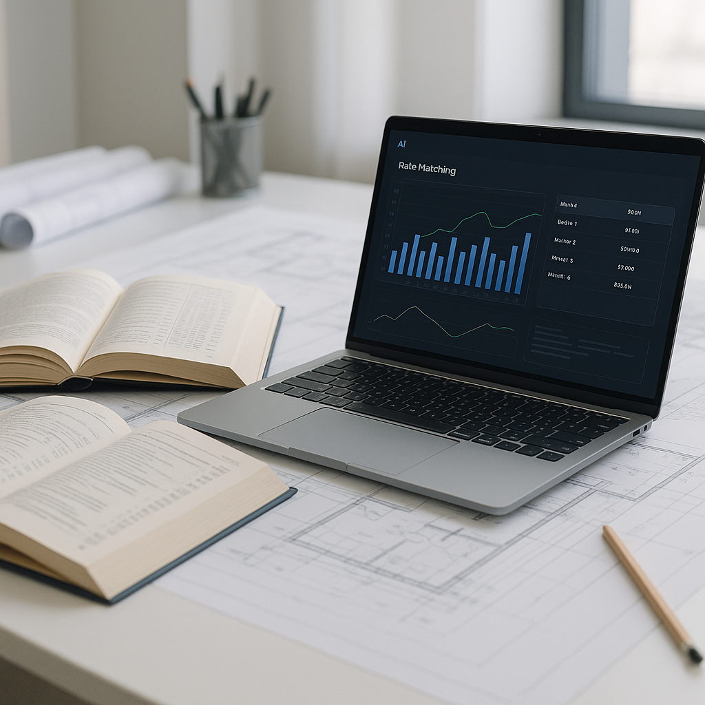 A construction estimator's desk with a laptop displaying AI-powered rate matching software, surrounded by open rate book...