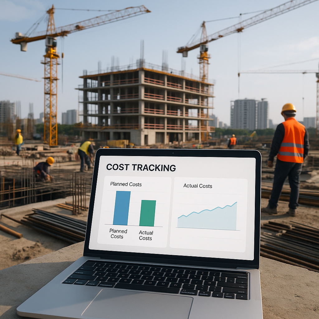 A detailed construction site with a visible dashboard overlay showing real-time cost tracking—highlighting planned vs ac...