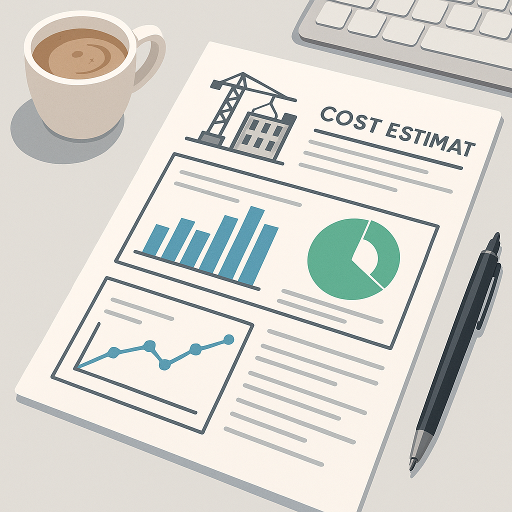 A clean, professional illustration of a construction project cost estimate sheet on a desktop, with graphs and charts sh...