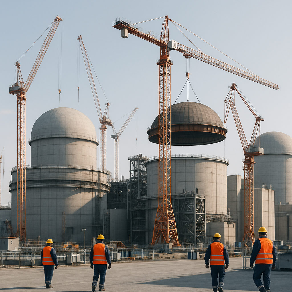 A realistic rendering of a nuclear construction site with cranes, reactor domes, and workers in safety gear, emphasizing...