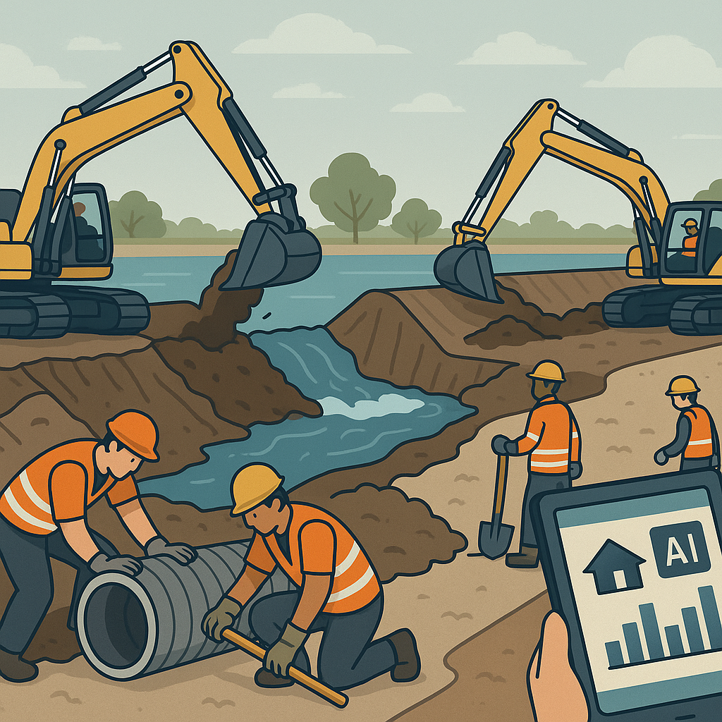 A detailed illustration of construction crews repairing storm-damaged infrastructure, with excavators reshaping levees,...