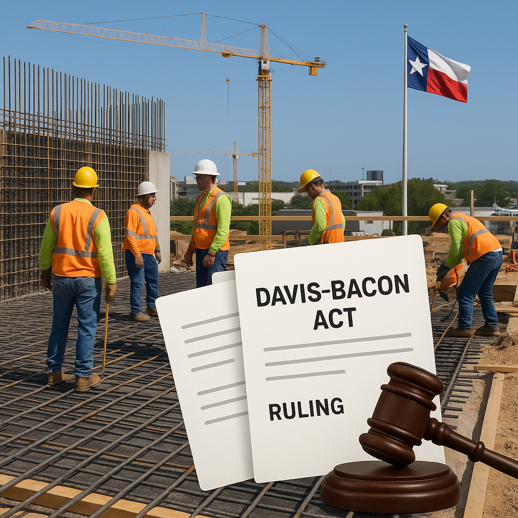A construction site in Texas with workers in safety vests and helmets, overlaid with legal documents and a gavel symboli...