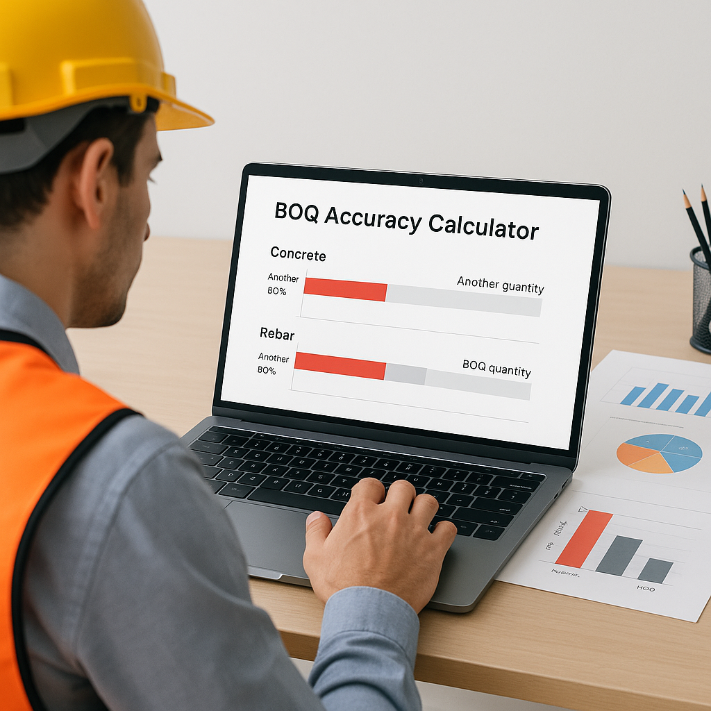A construction estimator reviewing a BOQ accuracy calculator on a laptop, with charts showing discrepancies in concrete...