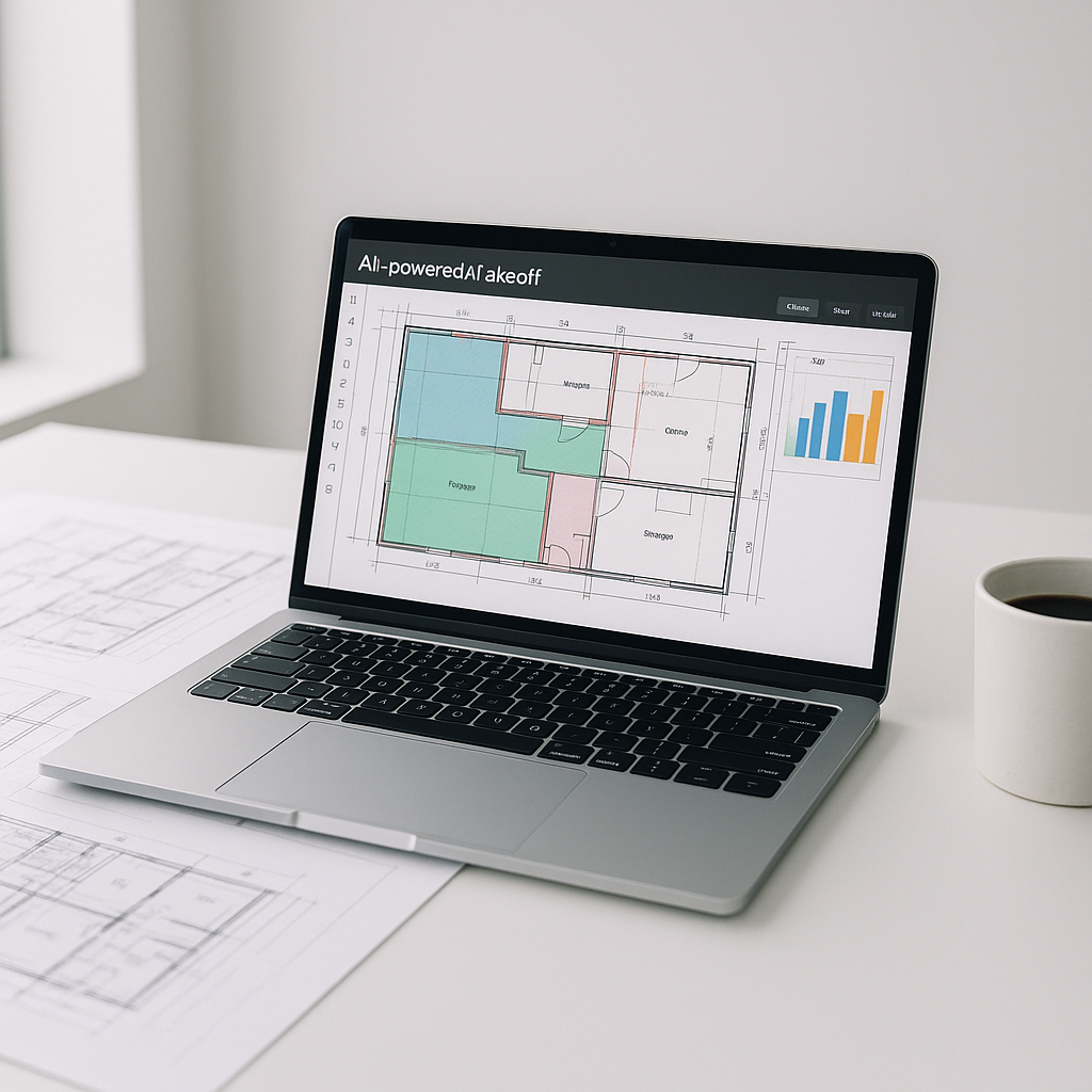 A construction estimator's desk with a laptop showing AI-powered takeoff software, next to printed blueprints and a coff...