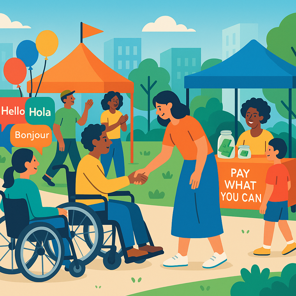A vibrant community event with wheelchair users, multilingual signage, and a Pay What You Can donation table. Bright col...