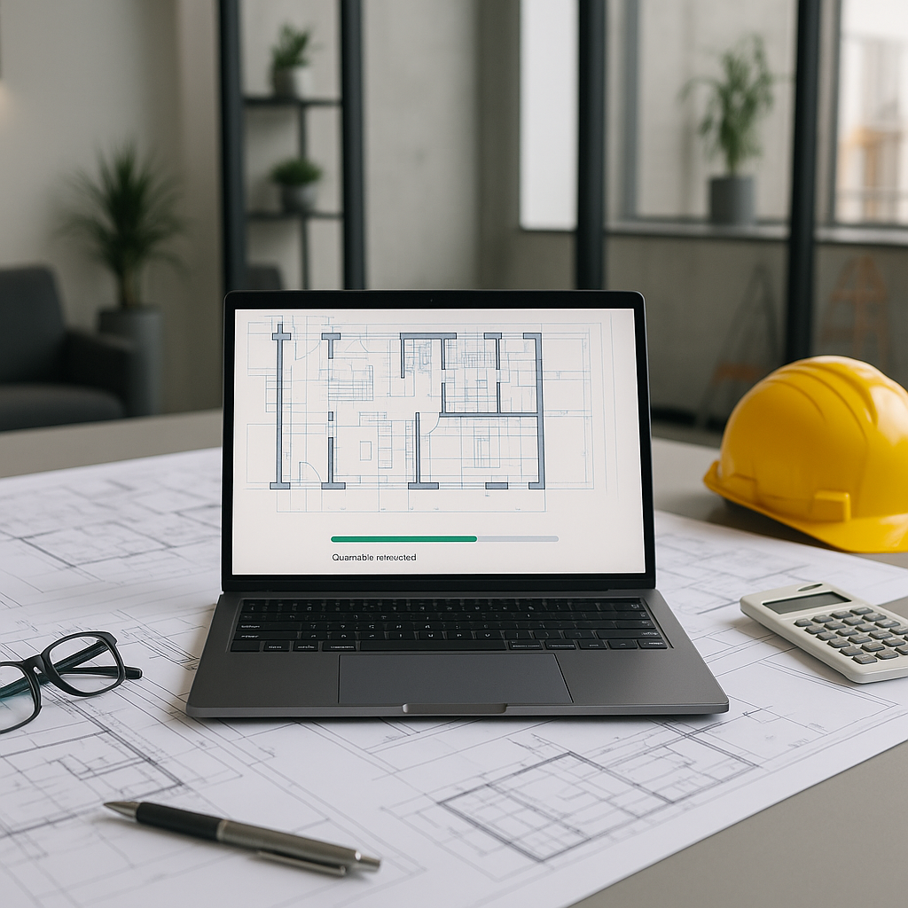 Show a construction estimator's desk with blueprints, a laptop running AI-powered takeoff software, and a progress bar i...