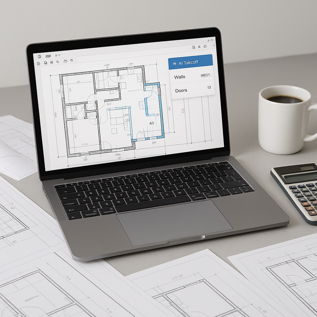 A construction estimator's desk with a laptop showing AI-powered takeoff software analyzing a PDF drawing, surrounded by...