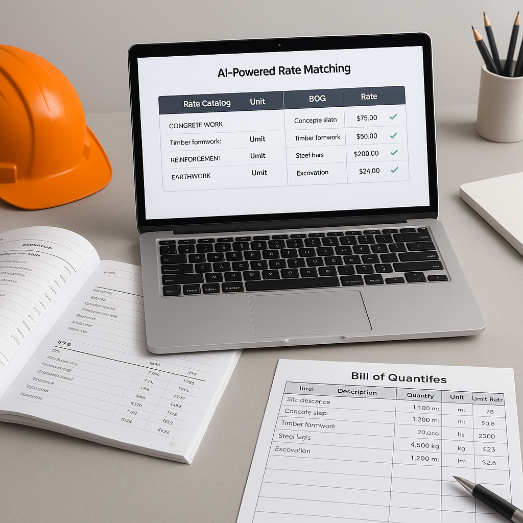 A construction estimator's desk with a laptop showing AI-powered rate matching software, open rate catalogs, and a BOQ s...