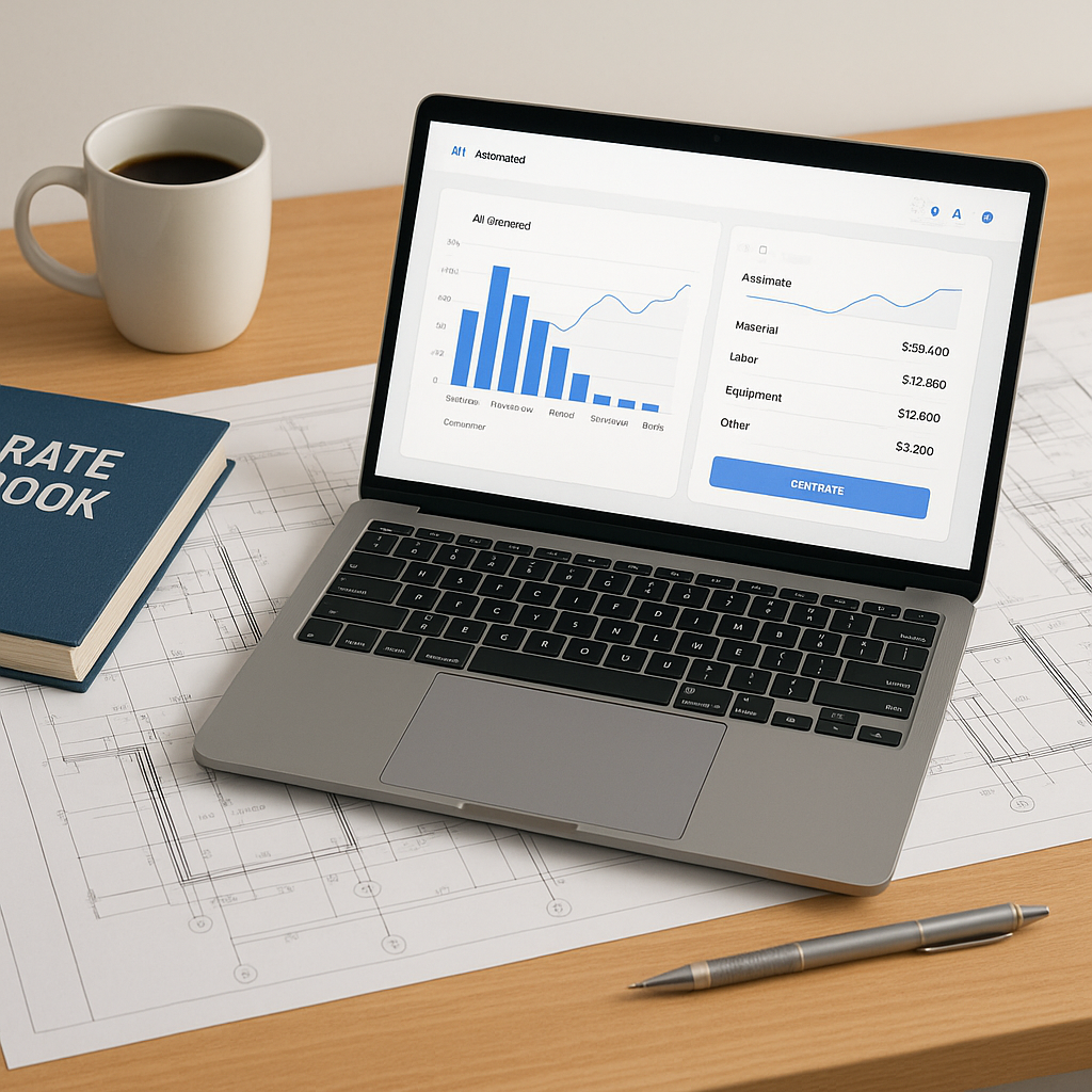 A construction estimator's desk with a laptop showing an AI-powered estimation tool interface, surrounded by blueprints,...
