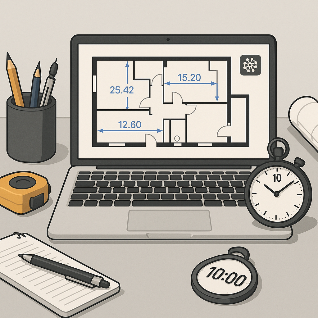 A detailed illustration of an estimator's desk with a laptop showing a construction drawing, AI-powered software extract...