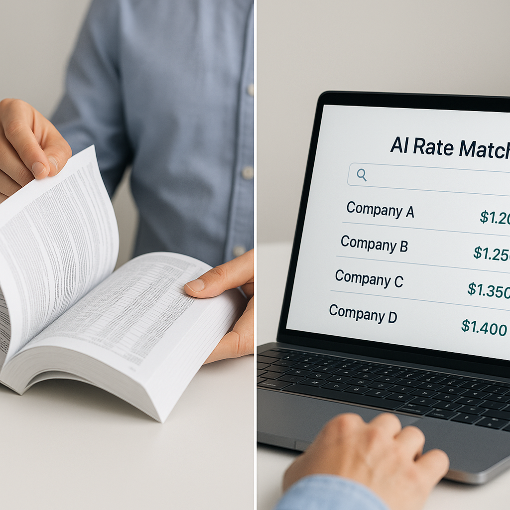 A side-by-side comparison of a person flipping through a thick rate book versus a sleek laptop screen showing AI-powered...