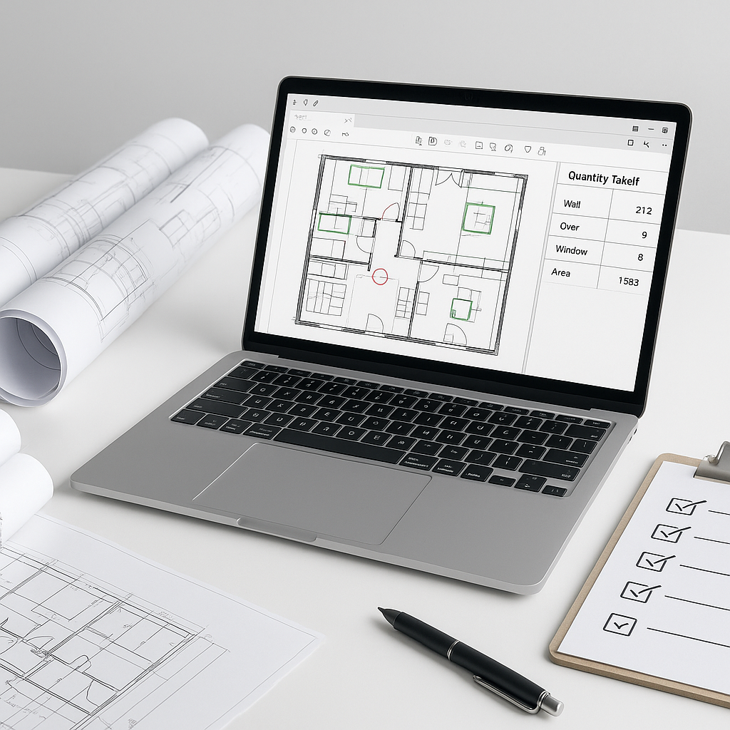 A modern construction desk with rolled-up blueprints, a laptop showing AI-powered takeoff software extracting quantities...