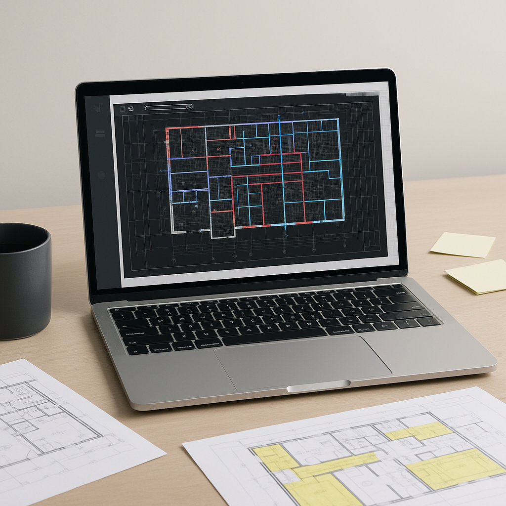 A modern construction estimator's desk with a laptop showing AI-powered takeoff software analyzing a complex building bl...