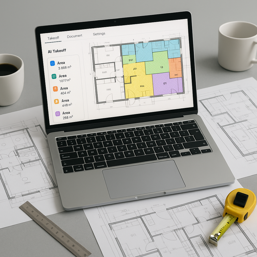 An estimator's desk with a laptop displaying an AI-powered takeoff tool, surrounded by PDF drawings, measurement scales,...