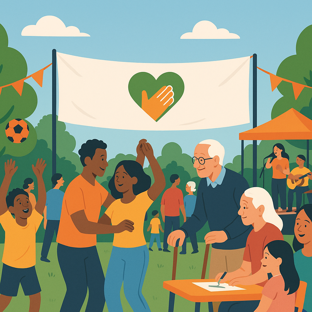 A vibrant community event outdoors with people of diverse ages and ethnicities enjoying activities, a small stage in the...