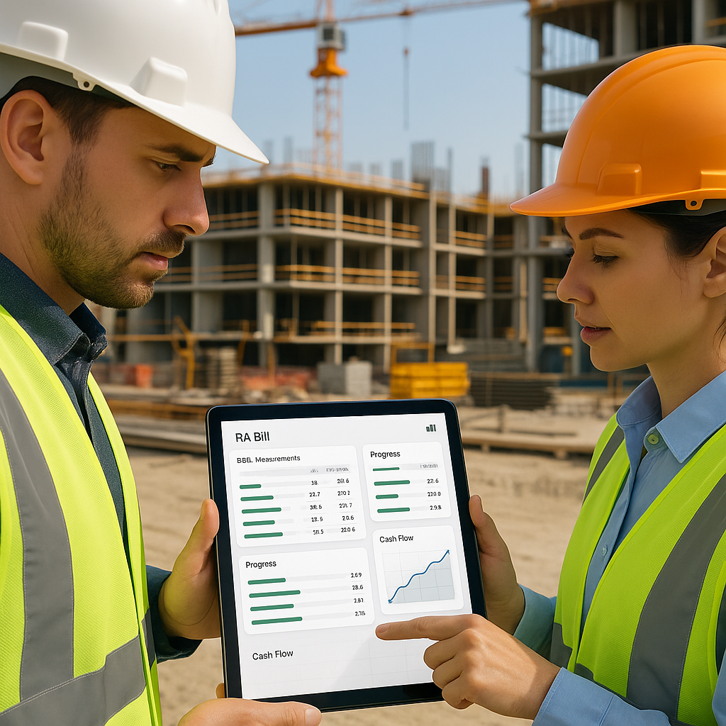 A construction site with engineers reviewing a digital RA Bill dashboard on a tablet; the screen displays BOQ measuremen...