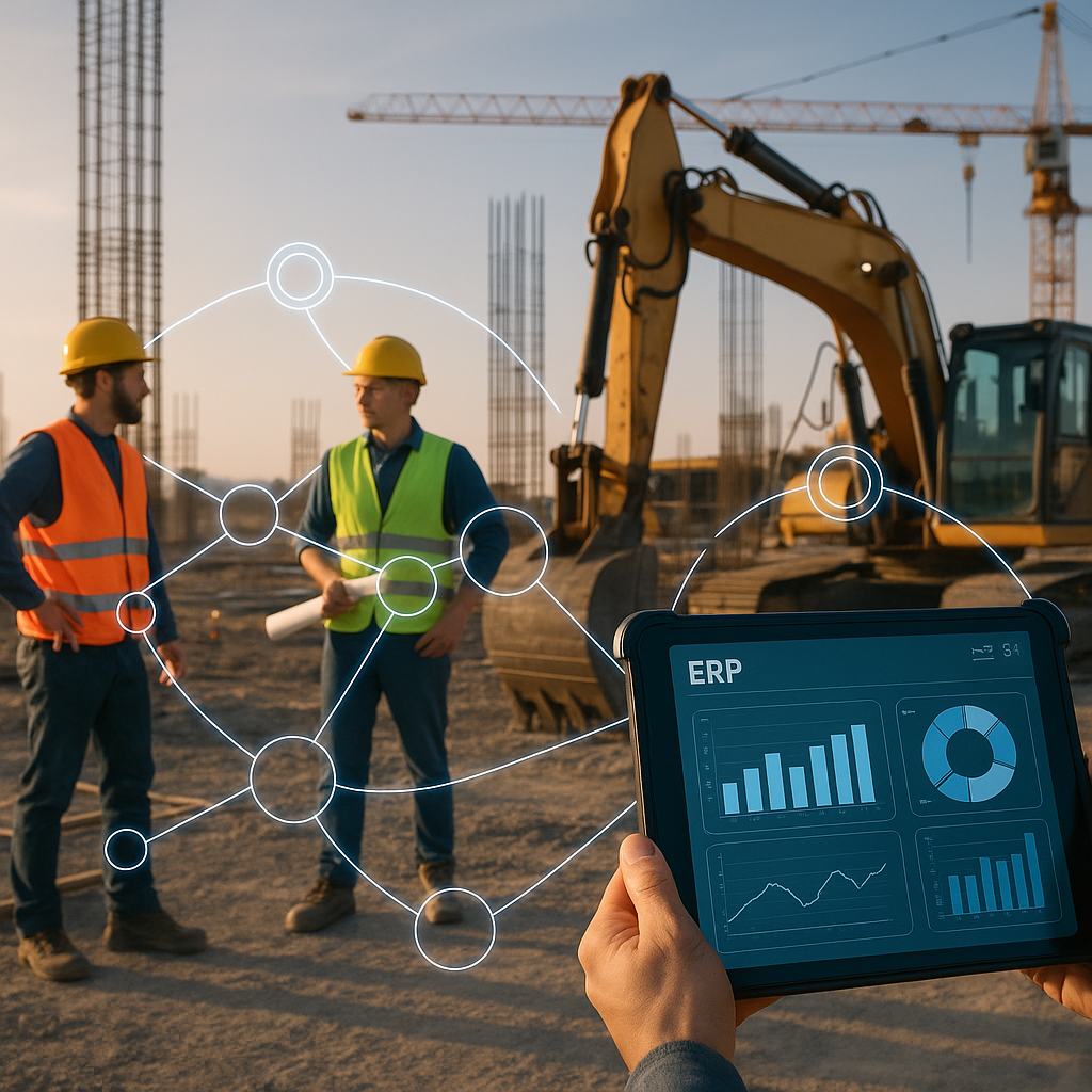 A construction site with interconnected digital workflows visualized as glowing lines between workers, equipment, and a...