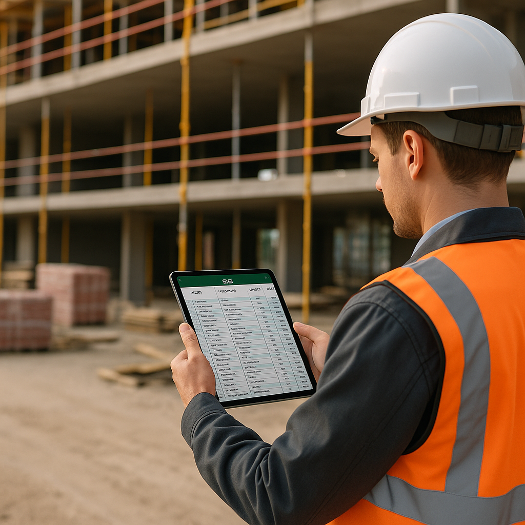A construction site with a contractor holding a tablet, displaying BOQ data in real-time. Include visible site details l...