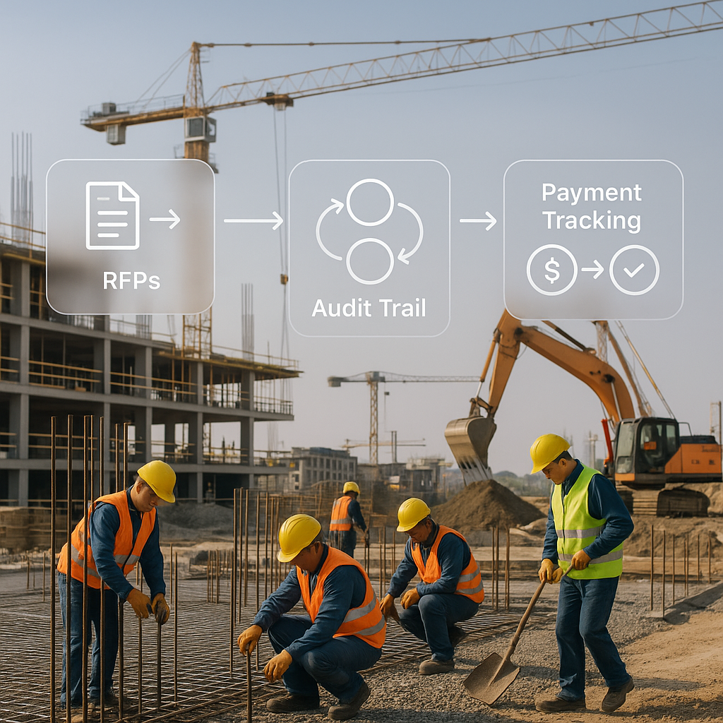A detailed image of a construction site with workers and machinery, overlaid with digital workflow diagrams showing RFPs...