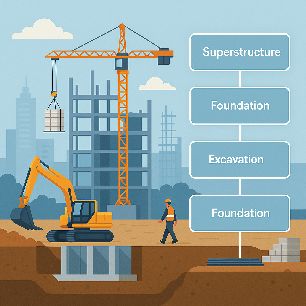 A detailed illustration of a construction site with a layered hierarchy overlay showing WBS levels from excavation to ME...
