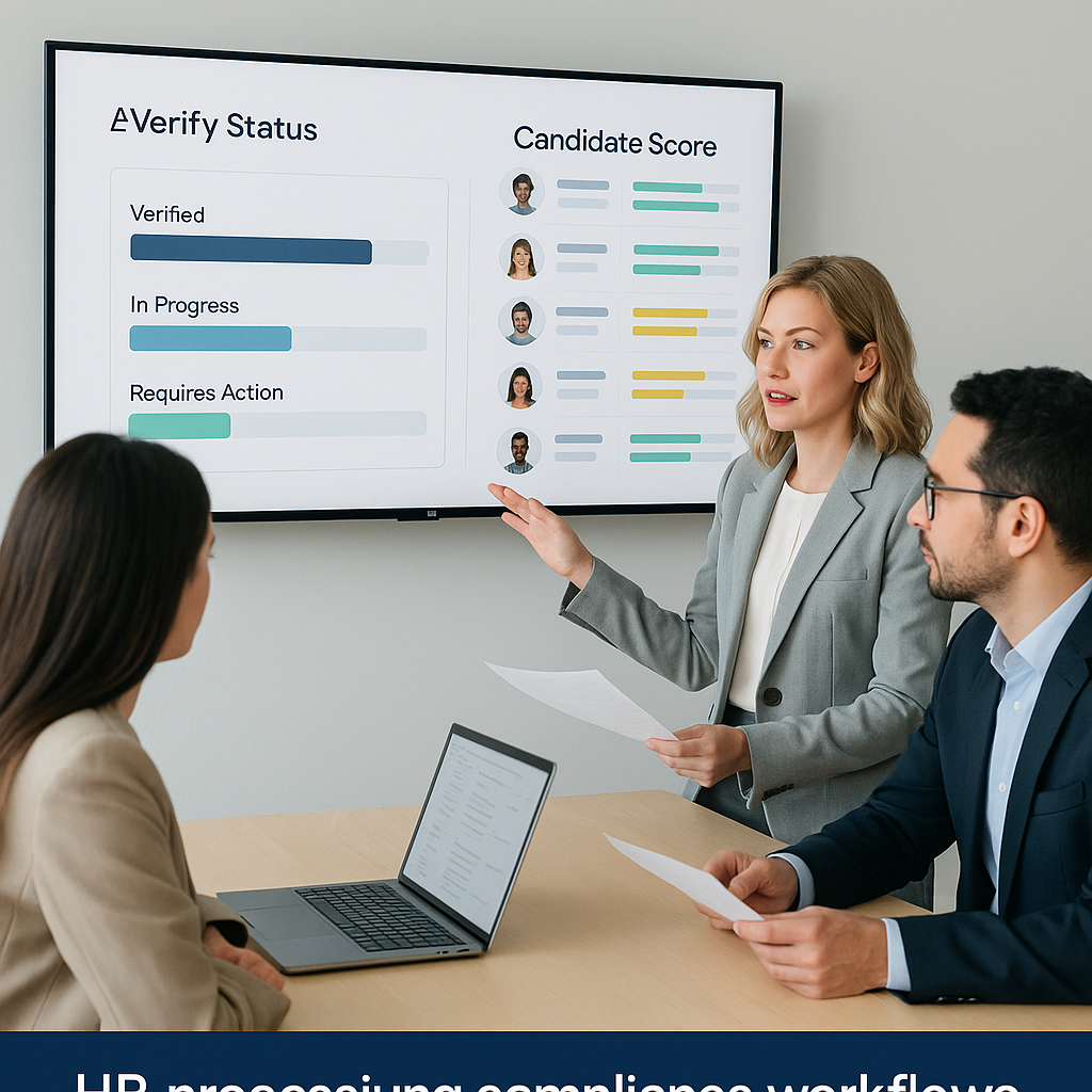 A professional HR team reviewing compliance workflows, with an AI dashboard on a screen showing E-Verify status checks a...