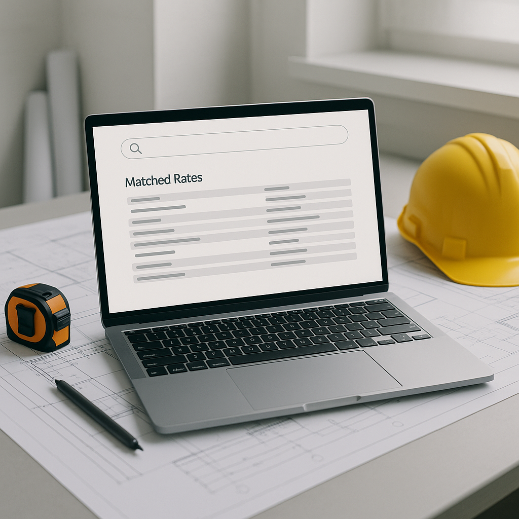 A construction estimator's desk with a laptop screen displaying AI rate-matching software, featuring a search bar and a...