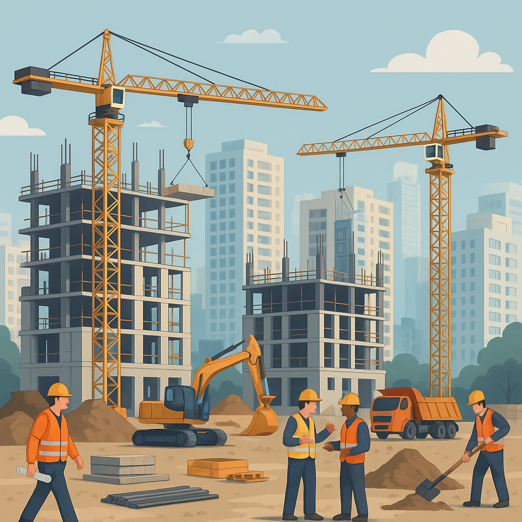 A detailed illustration of a busy construction site in a metro area, showcasing cranes, high-rise apartments, and worker...