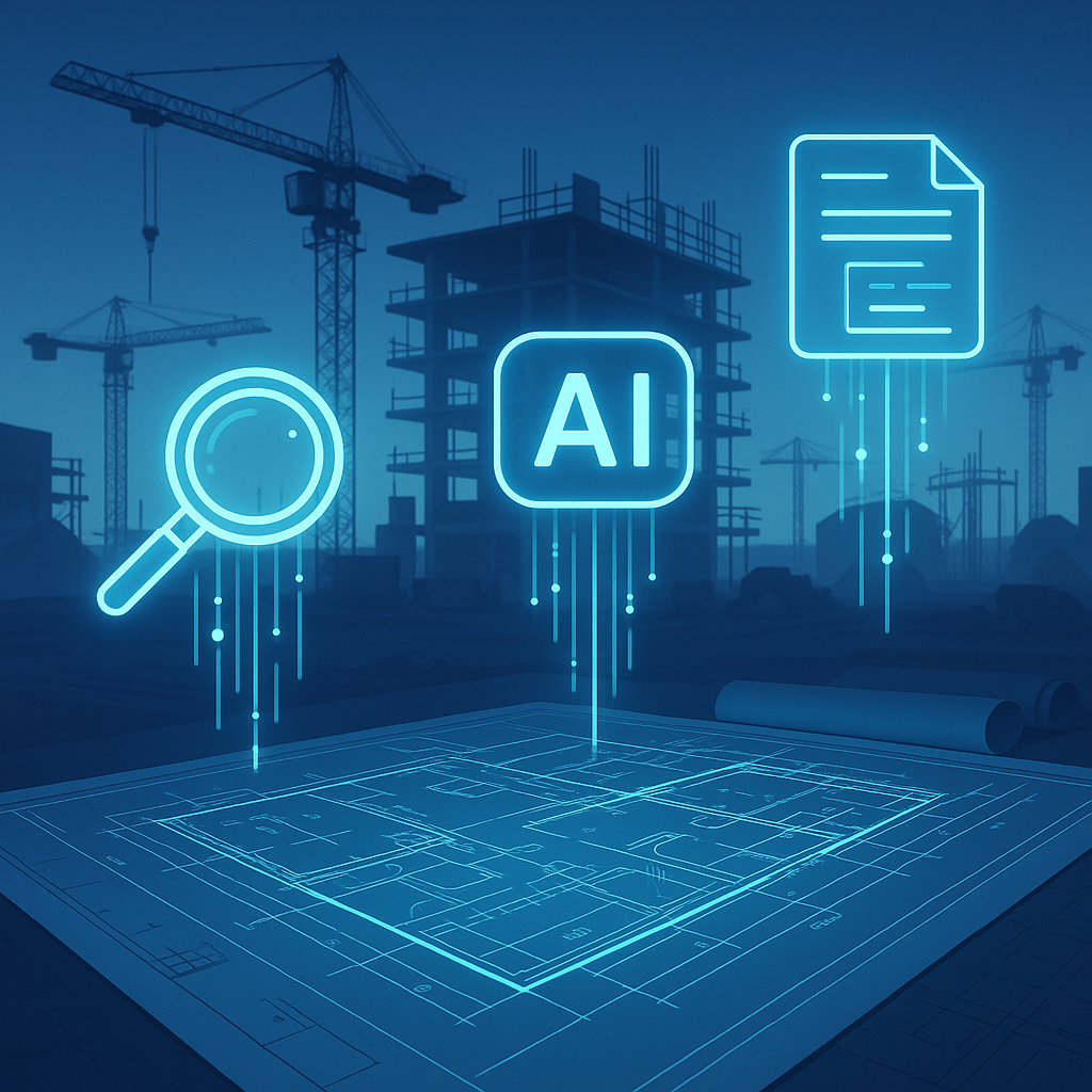 A futuristic construction site with AI tools visualized as glowing holograms extracting data from blueprints and drawing...