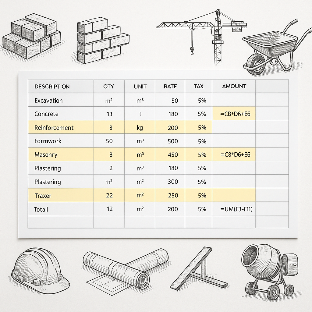 A visual of a detailed construction BOQ spreadsheet with highlighted rows and formulas, surrounded by sketches of buildi...