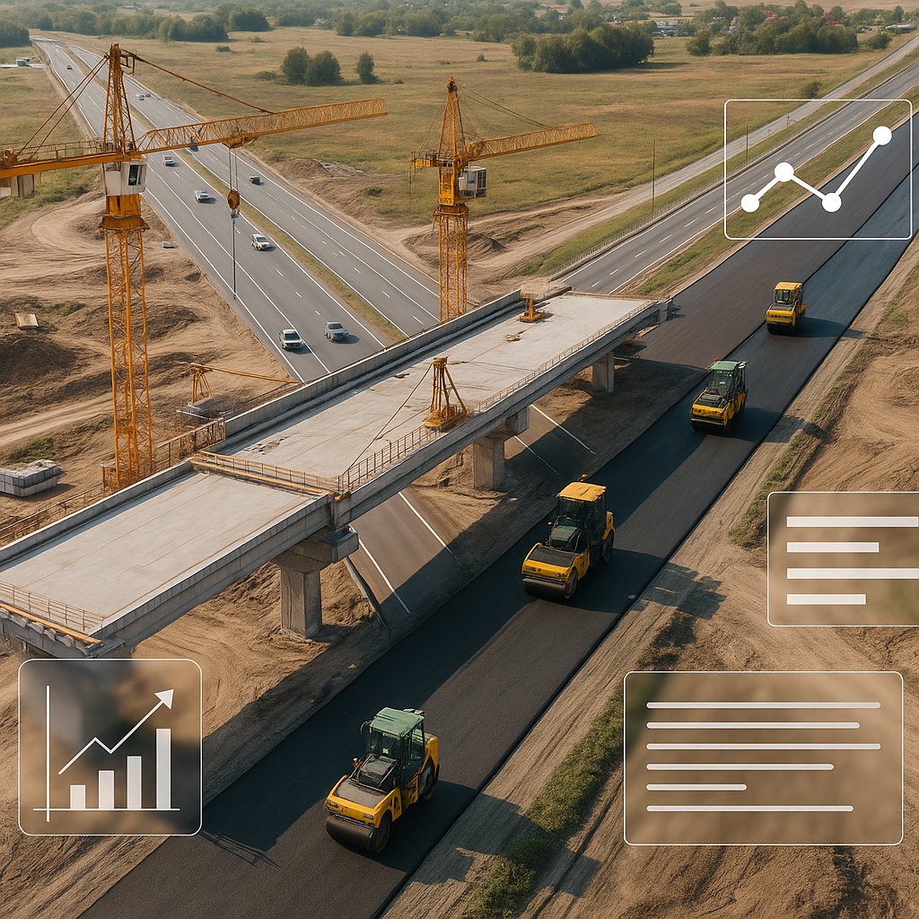 An aerial view of a highway under construction, with cranes, paving equipment, and AI interface elements overlaid, symbo...