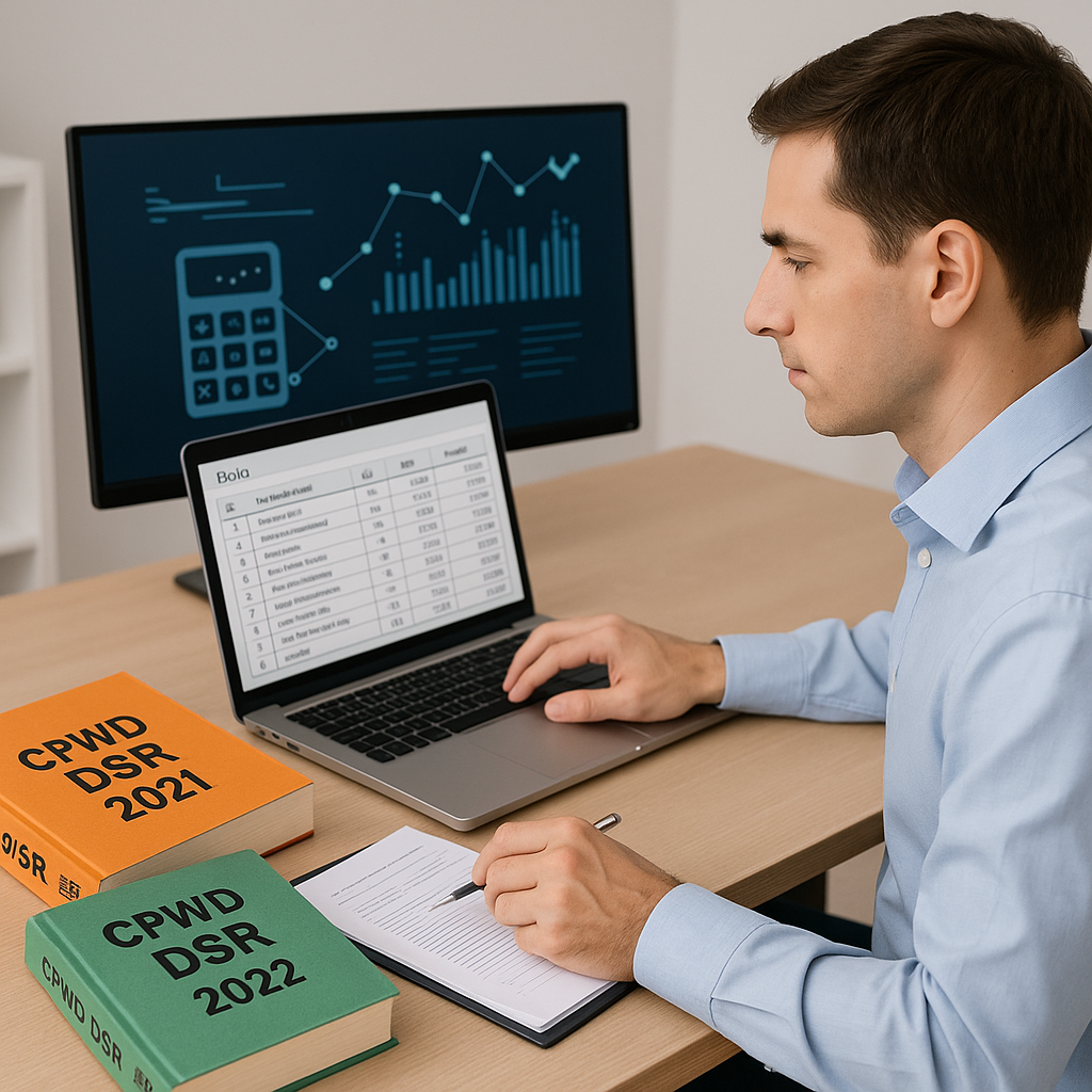 A construction estimator at a desk with printed CPWD DSR rate books, a laptop showing a digital BOQ, and AI-driven softw...
