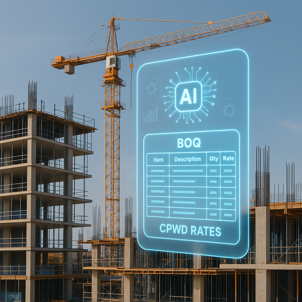 A modern construction site with overlayed transparent digital elements, like a glowing tablet showing a BOQ and CPWD rat...