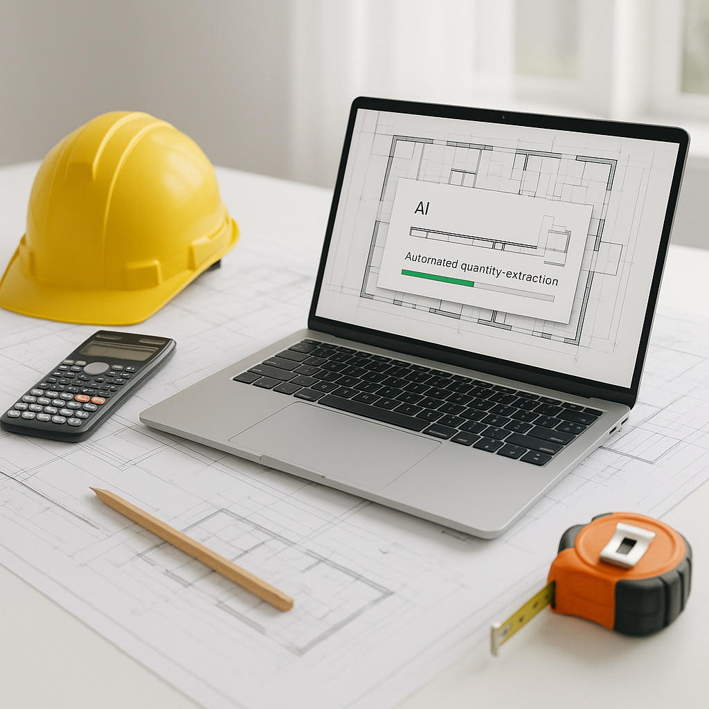 A construction estimator's desk with blueprints, a laptop running AI takeoff software, and a progress bar showing automa...