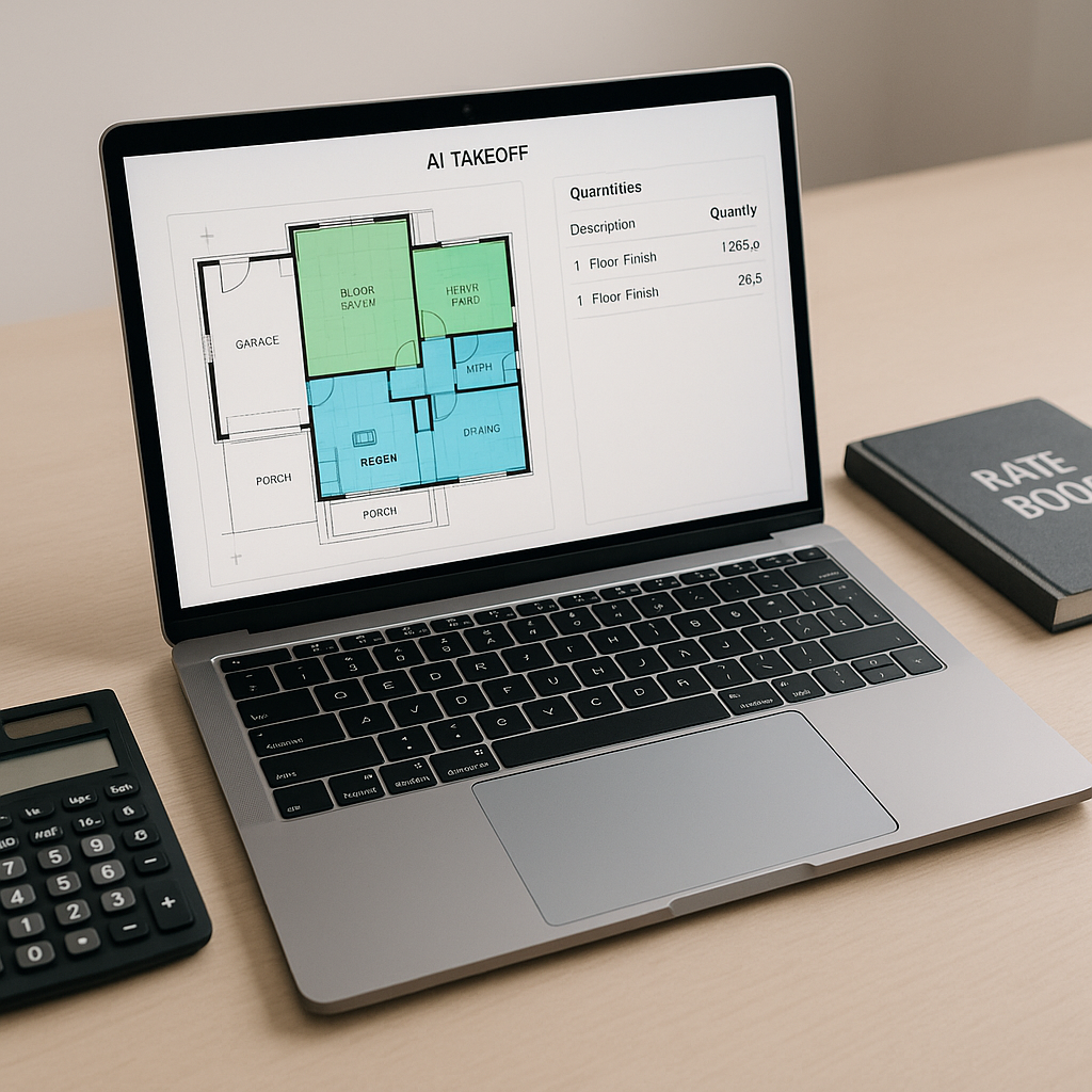 A construction estimator's desk with a laptop displaying an AI-powered takeoff tool, showing highlighted floor plans and...