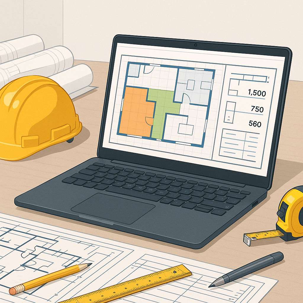 A detailed digital illustration of a construction estimator's desk with a laptop running AI-powered takeoff software. Th...