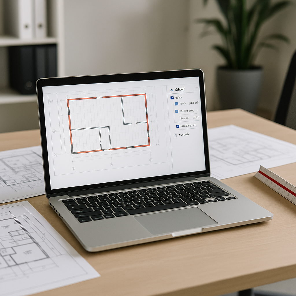 A construction estimator's desk with a laptop showing AI-powered drawing takeoff software, surrounded by blueprint sheet...