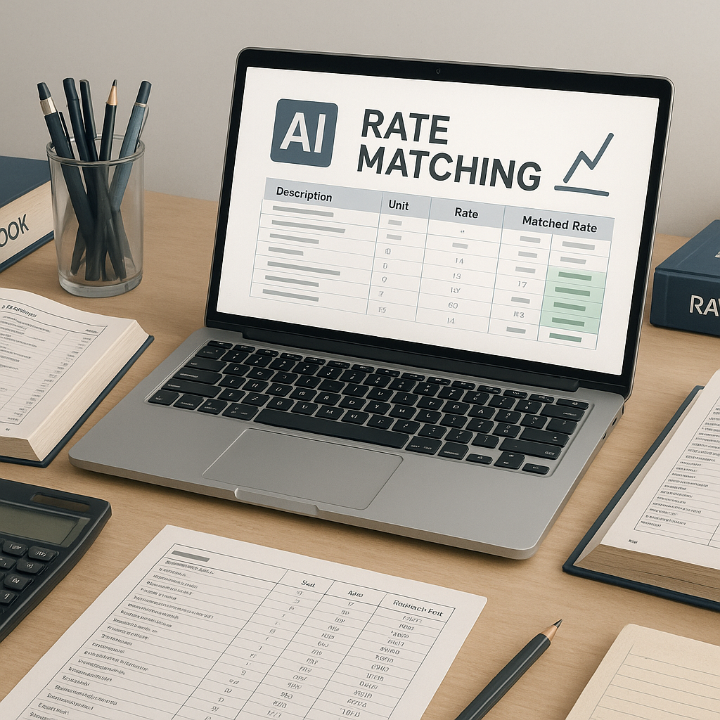 A realistic illustration of an estimator's desk with a laptop showing AI-powered rate matching software, surrounded by o...