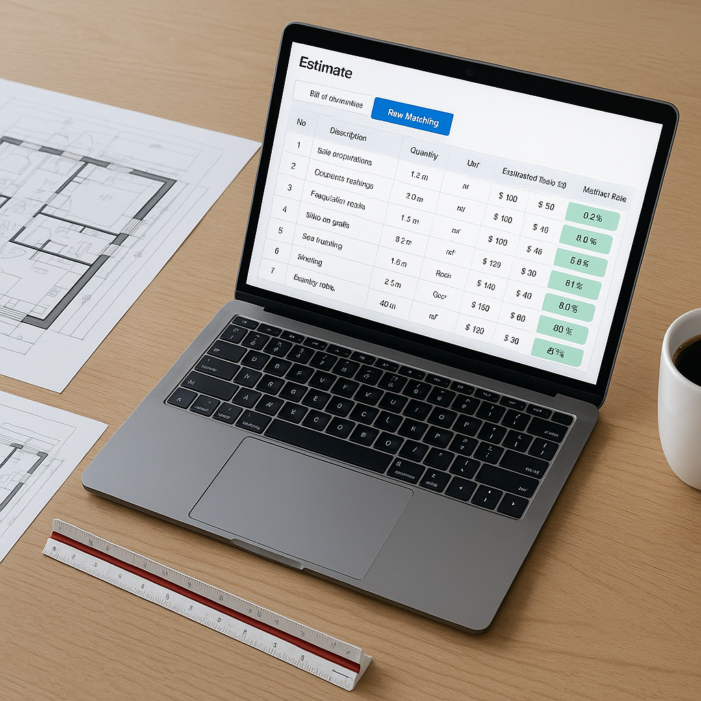 A modern construction estimator's desk with a laptop displaying an AI-powered preconstruction estimation software interf...