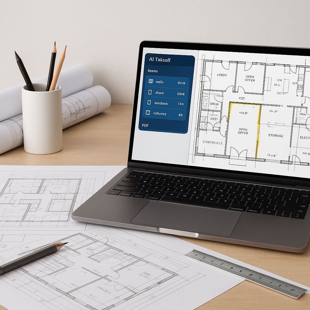 A construction estimator's desk with blueprints and a laptop showing AI takeoff software extracting quantities from a PD...