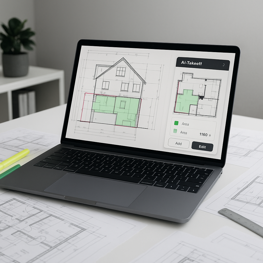 A construction estimator's desk with a laptop showing an AI-powered takeoff tool analyzing a PDF of building drawings, s...