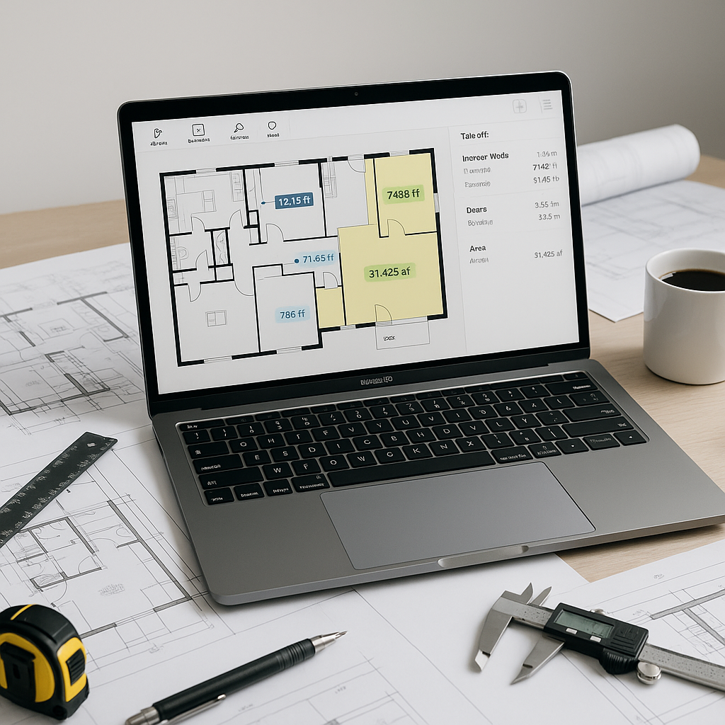 A construction estimator's desk featuring a laptop running AI-powered takeoff software, surrounded by blueprints, measur...
