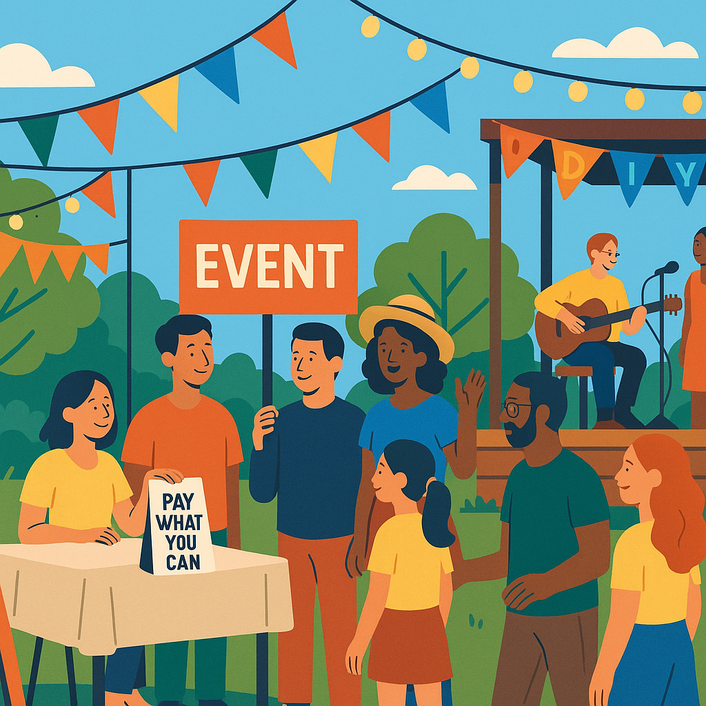 A vibrant illustration of a small community event: a diverse group of people gathered in an outdoor setting with colorfu...