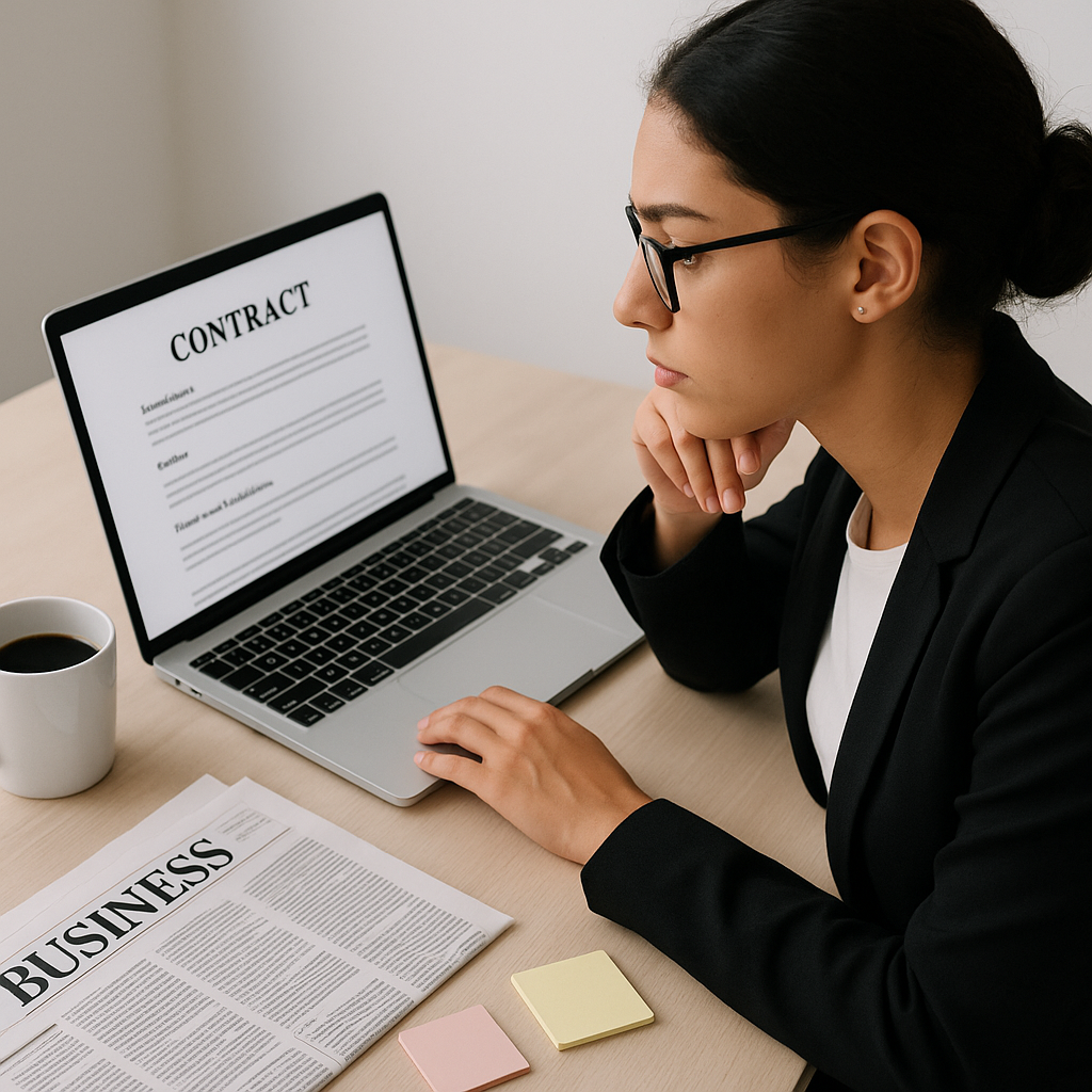 A young professional studying with a laptop open to legal content, surrounded by business newspapers, a coffee cup, and...