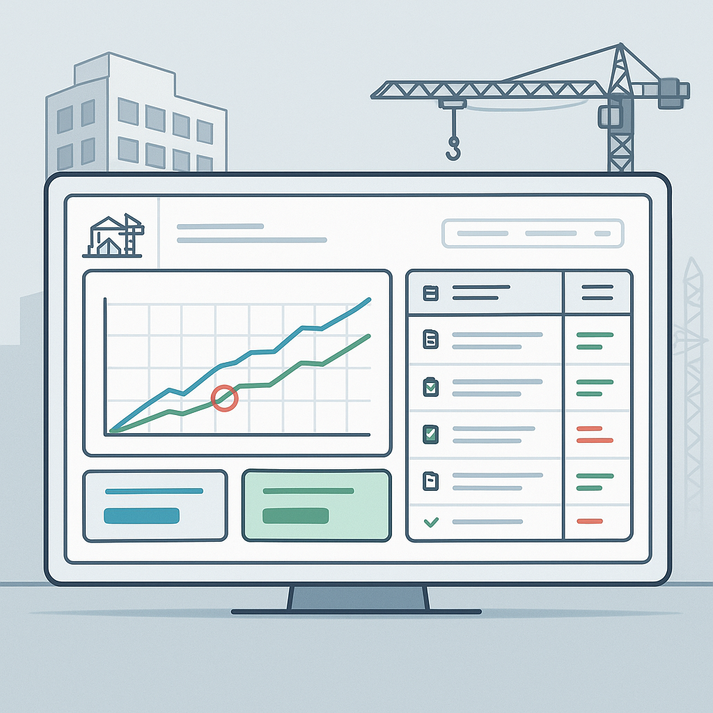 Detailed illustration of a construction project dashboard showing real-time BOQ cost tracking with highlighted variances...