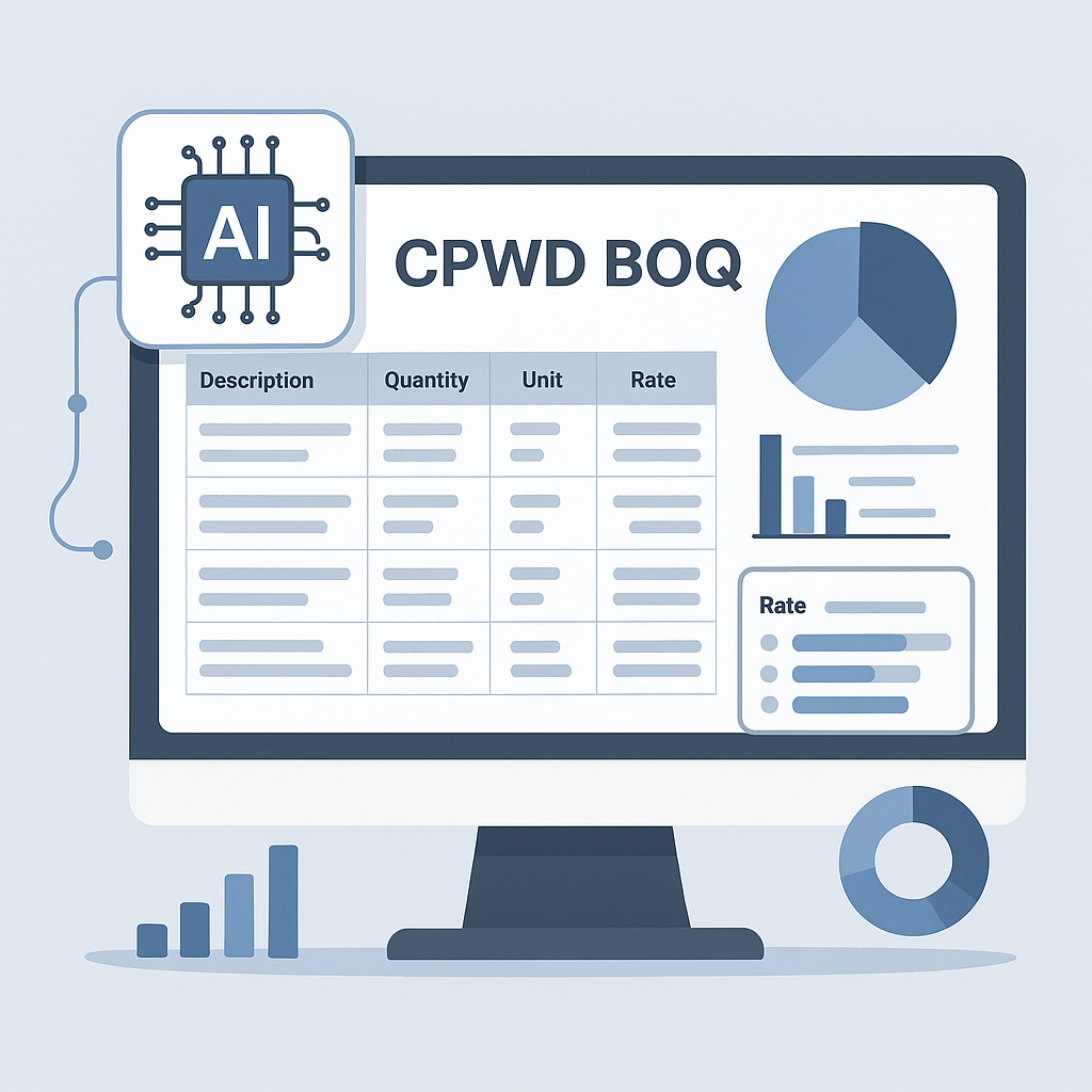 A clean, modern illustration of AI software analyzing a CPWD BOQ on a computer screen, with charts and rate breakdowns v...