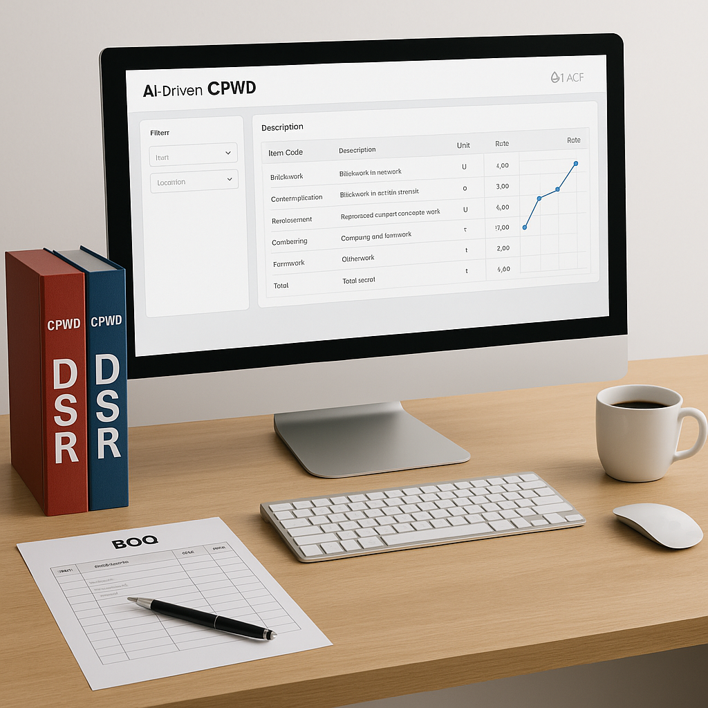A clean, professional depiction of a contractor's desk showing a computer screen with AI-driven CPWD rate analysis softw...